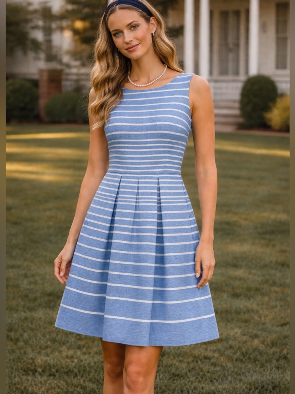 TAYLOR Fit and Flare Pleated Stripe Garden Party Dress - Cornflower Blue Large